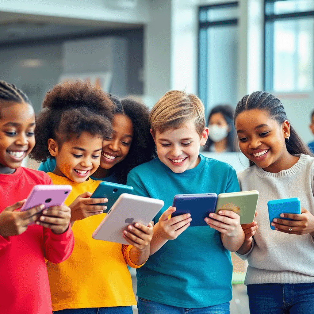 Diverse elementary school students and parents using tablets and phones together
