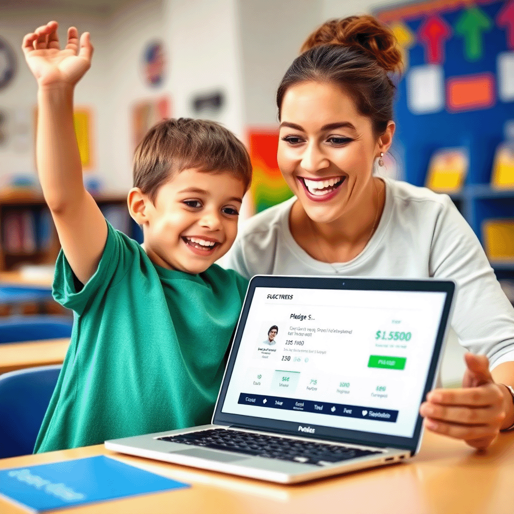 A child and parent smiling at a laptop showing their fundraising pledge progress