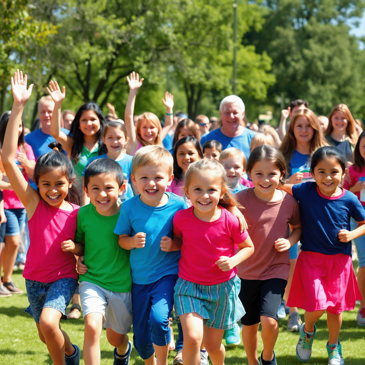 Kids and parents celebrating at a school fun run